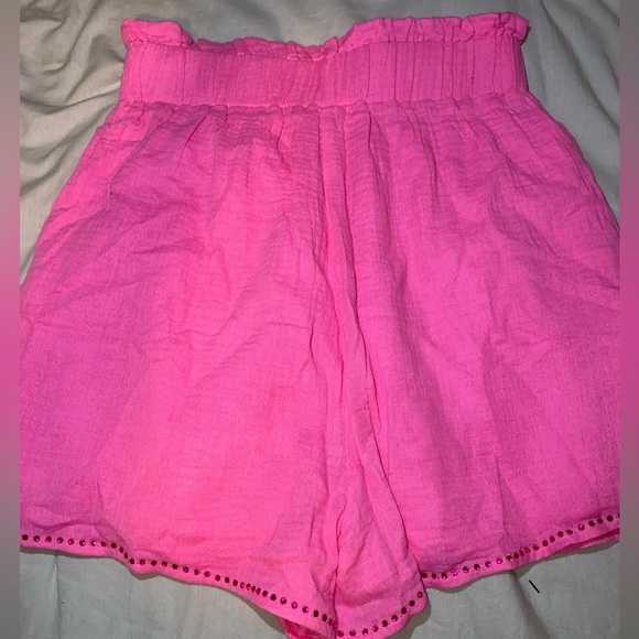 NWT PEACH LOVE RAINA RHINESTONE PINK GAUZE SHORTS WITH “PAPERBAG” ELASTIC WAIST - Picture 7 of 9